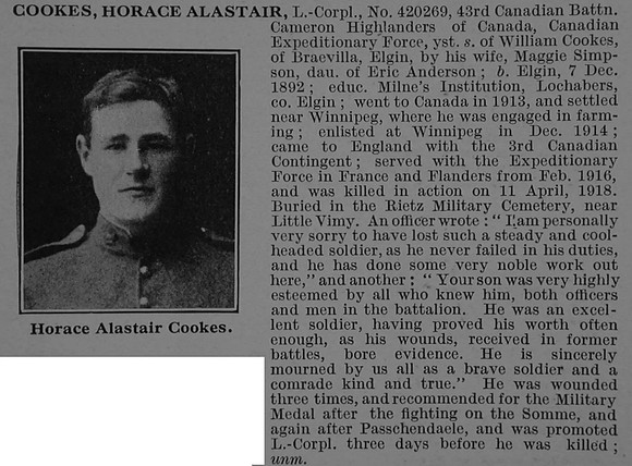 Cookes H A L/Cpl 420269 43rd Canadian Infantry Obit