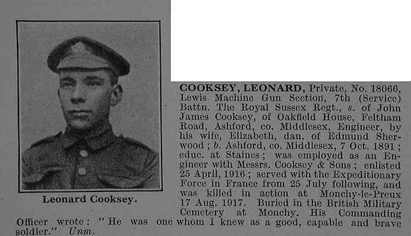 Cooksey L Pte 18066 7th Royal Sussex Regiment Obit