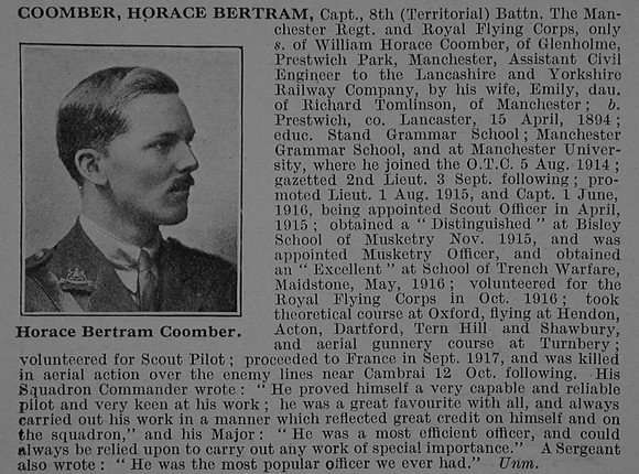 Coomber H B Captain 8th Manchester Regiment Attd Royal Flying Corps Obit
