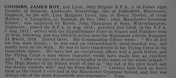 Coombs J R 2nd Lt Royal Field Artillery Obit