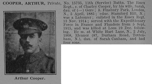 Cooper A Pte 15735 11th Essex Regiment Obit