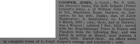Cooper J L/Cpl S.5325 9th Rifle Brigade Obit