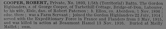 Cooper R Pte 1893 5th Gordon Highlanders Obit