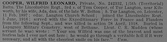 Cooper W L Pte 242332 5th Lincolnshire Regiment Obit