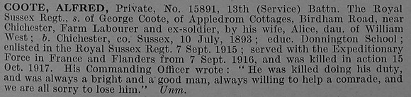 Coote A Pte 15891 13th Royal Sussex Regiment Obit