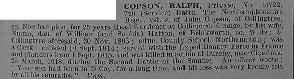 Copson R Pte 15722 7th Northamptonshire Regiment Obit