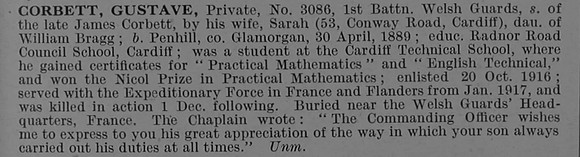 Corbett G Pte 3086 1st Welsh Guards Obit