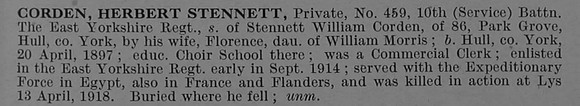 Corden H S Pte 459 10th East Yorkshire Regiment Obit