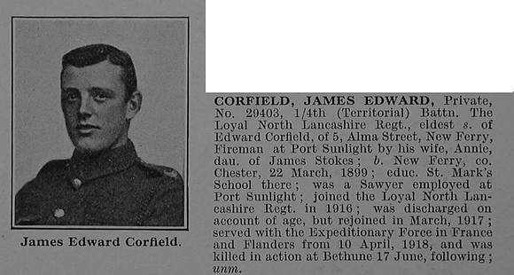 Corfield J E Pte 29403 4th Loyal North Lancs Regiment Obit