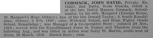 Cormack J D Pte 16224 2nd Scots Guards Obit