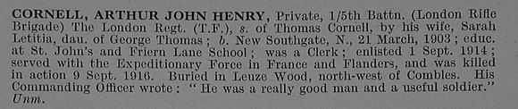 Cornell A J H Pte 10705 5th London Regiment (London Rifle Brigade) Obit