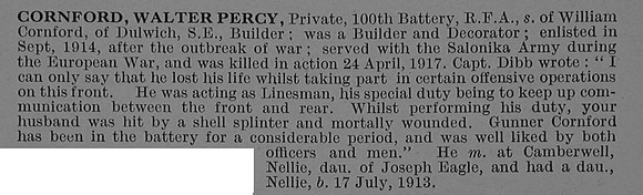 Cornford W P Pte 37947 Royal Field Artillery Obit