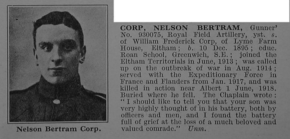 Corp N B Gnr 930075 Royal Field Artillery Obit