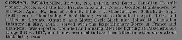 Cossar B Pte 171752 3rd Canadian Infantry (Central Ontario Regiment) Obit