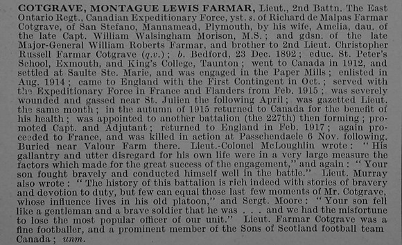 Cotgrave M L F Lt 2nd Canadian Infantry (Eastern Ontario Regiment) Obit