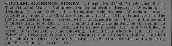 Cottam A S L/Cpl 31502 7th South Lancashire Regiment Obit