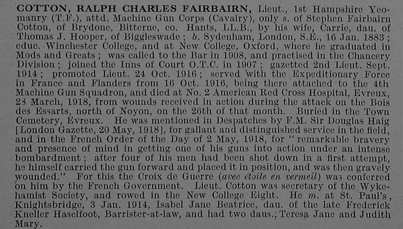 Cotton R C F Lt Hampshire Yeomanry Attd Cavalry Machine Gun Corps Obit