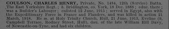Coulson C H Pte 1484 12th East Yorkshire Regiment Obit