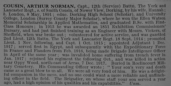 Cousin A N Captain 12th York & Lancaster Regiment Obit