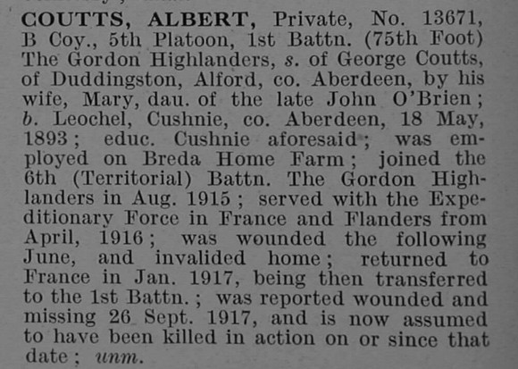 Coutts A Pte 13671 1st Gordon Highlanders Obit