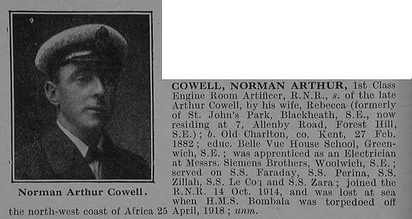 Cowell N A Engine Room Articifer 1st Class Royal Naval Reserve Obit