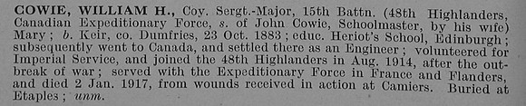 Cowie W H Coy Sergt Major 47339 15th Canadian Infantry (Central Ontario Regiment) Obit