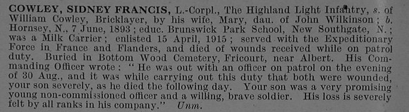 Cowley S F L/Cpl 11th Highland Light Infantry Obit