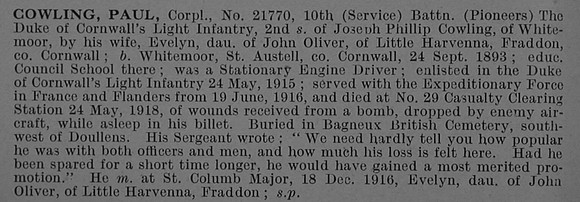 Cowling P Cpl 21770 10th Duke Of Cornwalls Light Infantry Obit