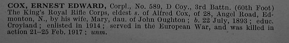 Cox E E Cpl 589 3rd Kings Royal Rifle Corps