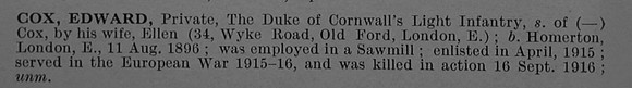 Cox E Pte 19308 6th Duke Of Cornwalls Light Infantry
