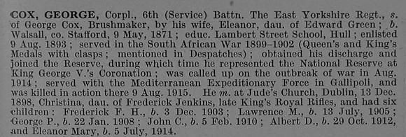 Cox G Cpl 6th East Yorkshire Regiment Obit