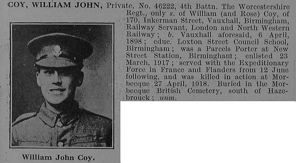 Coy W J Pte 46222 4th Worcestershire Regiment Obit