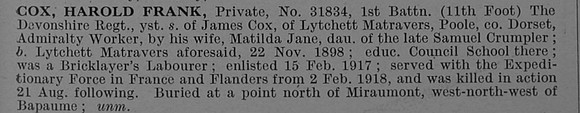 Cox H F Pte 31834 1st Devonshire Regiment Obit