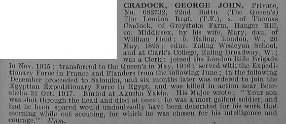 Cradock G J Pte 682732 22nd London Regiment Obit