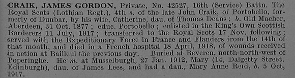 Craik J G Pte 42527 16th Royal Scots Obit