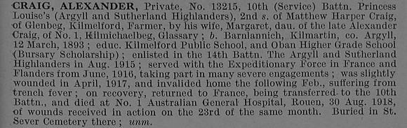 Craig A Pte 13215 10th Argyll & Sutherland Highlanders Obit