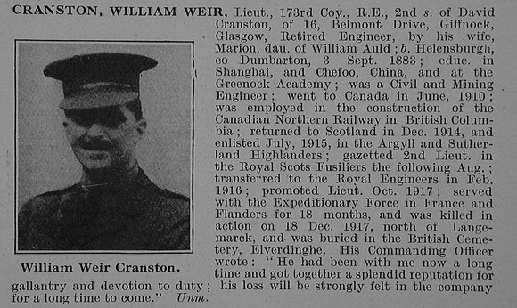 Cranston W W Lt Royal Engineers Obit