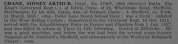 Crane S A Cpl 57607 18th Kings Liverpool Regiment Obit
