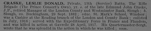 Craske L D Pte S/27447 13th Rifle Brigade Obit