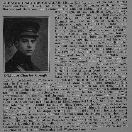 Creagh O C Lt Royal Field Artillery Obit