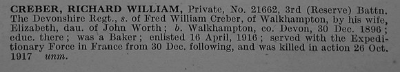 Creber R W Pte MM 3rd Attd 9th Devonshire Regiment