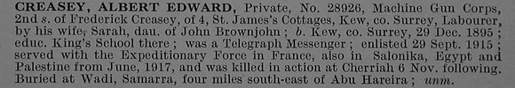 Creasey A E Pte 28926 Machine Gun Corps Obit
