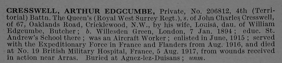 Cresswell A E Pte 206812 4th Queens Royal West Surrey Regiment Obit