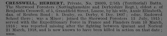 Cresswell H Pte 28009 5th Notts & Derby Regiment Obit