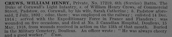 Crews W H Pte 17219 6th Duke Of Cornwalls Light Infantry Obit