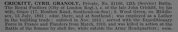 Crickitt C G Pte 21106 12th Royal Fusiliers Obit