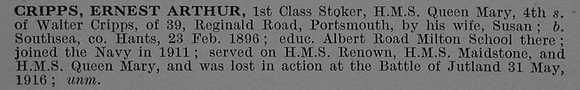 Cripps E A Stoker 1st Class K/16839 H.M.S. Queen Mary Royal Navy