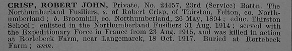 Crisp R J Pte 24457 23rd Northumberland Fusiliers Obit