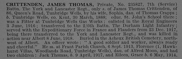 Crittenden J T Pte 235827 7th York & Lancs Regiment Obit
