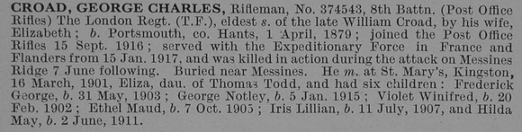 Croad G C Rfn 8th London Regt Obit